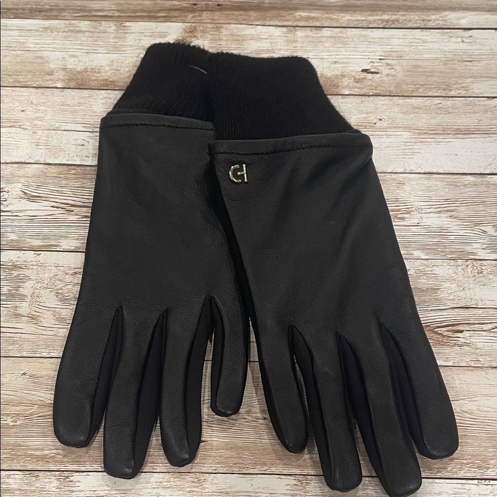 Cole Haan Womens Black Leather Stretch Palm Tech Gloves Rib Knit Cuff Large L - Picture 4 of 6